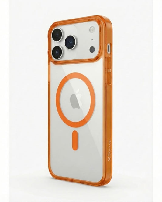 SkynUp Lumen Magnetic Clear Case Compatible with iPhone 17 Pro Max | Anti-Yellowing Transparent Back & Shockproof Bumper | Slim Wireless Charging Protection | Orange
