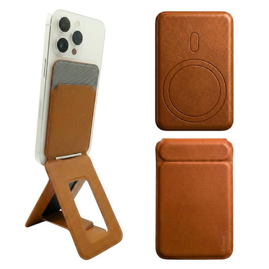 SkynUp Handy Magnetic Wallet with Built-in Stand Tripod Stand | Strong Magnets | Holds 3+ Cards | Magsafe Wallet Compatible with iPhone 17/16/15/14/13/12/Pro/Pro Max/Plus Series (Saddle Brown)