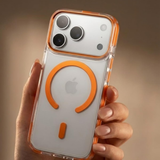 SkynUp Clario Back Case for iPhone 17 Pro | Clear Back Cover with Magnetic Ring | Slim Shockproof Anti-Yellow TPU Case | Orange