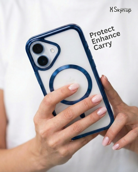 SkynUp Lumen Magnetic Clear Case Compatible with iPhone 17 | Anti-Yellowing Transparent Back & Shockproof Bumper | Slim Wireless Charging Protection | Blue
