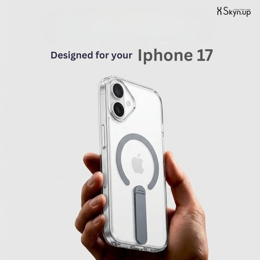 SkynUp Titan Magnetic Kickstand Case Compatible with iPhone 17 | Built-in Foldable Stand & Clear Back | Slim Wireless Charging Protection | Black