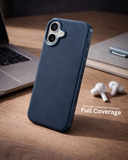 SkynUp Linea Premium Leather Back Cover Case for iPhone 17 | MagSafe Compatible | Blue