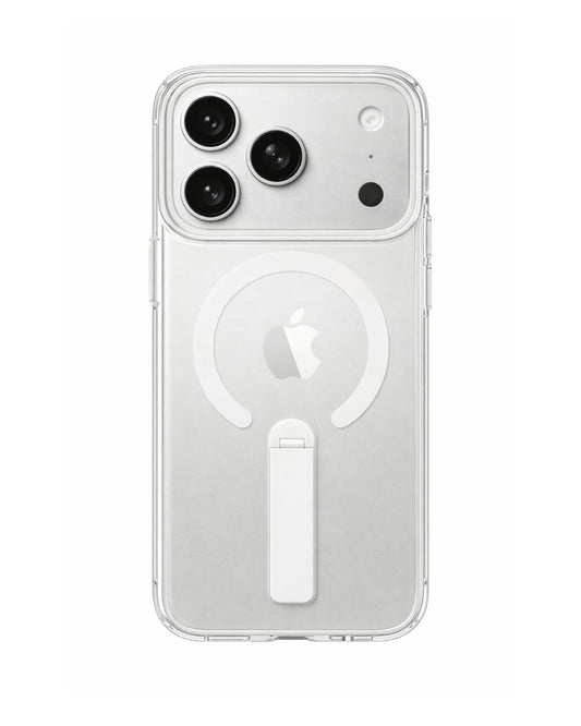 SkynUp Titan Magnetic Kickstand Case Compatible with iPhone 17 Pro | Built-in Foldable Stand & Clear Back | Slim Wireless Charging Protection | White