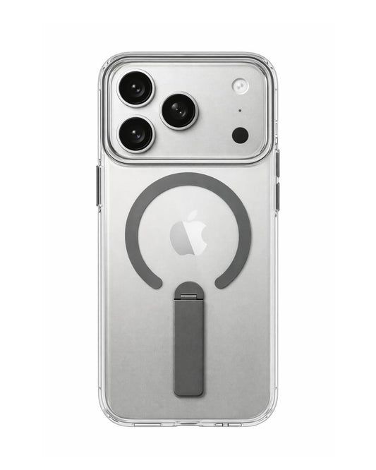 SkynUp Titan Magnetic Kickstand Case Compatible with iPhone 17 Pro | Built-in Foldable Stand & Clear Back | Slim Wireless Charging Protection | Grey