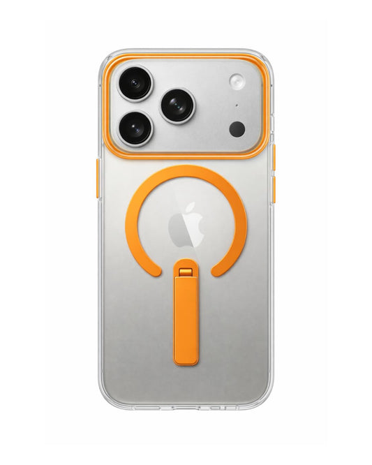 SkynUp Titan Magnetic Kickstand Case Compatible with iPhone 17 Pro Max | Built-in Foldable Stand & Clear Back | Slim Wireless Charging Protection | Orange