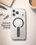 SkynUp Titan Magnetic Kickstand Case Compatible with iPhone 17 Pro | Built-in Foldable Stand & Clear Back | Slim Wireless Charging Protection | Grey