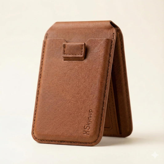 SkynUp Yoga Magnetic Wallet Slim Card Holder with Stand | Strong Magnetic Grip Holds 3+ Cards | Premium Leather | Designed for MagSafe Compatible 17/16/15/14/13/12/Pro/Pro Max/Plus Series | Brown