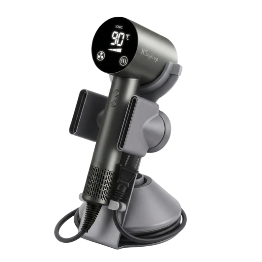 SkynUp Hair Dryer Stand Holder | Premium Metal Docking Station & Bathroom Organizer | Magnetic Accessory Storage Rack for Blow Dryer, Diffuser & Nozzles | Heavy Duty Anti-Slip Base (Dark Grey)