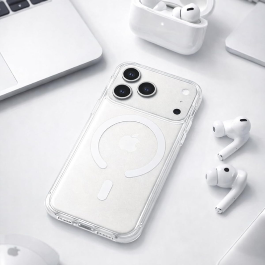 SkynUp Clario Back Case for iPhone 17 Pro | Clear Back Cover with Magnetic Ring | Slim Shockproof Anti-Yellow TPU Case | White